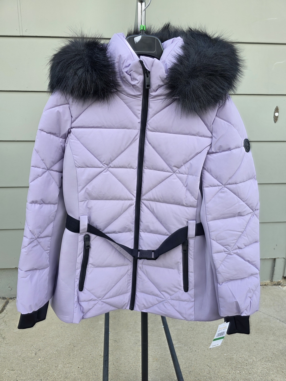 Michael Kors Women's Lavender Quilted Puffer Jacket Faux Fur Trim Size Large